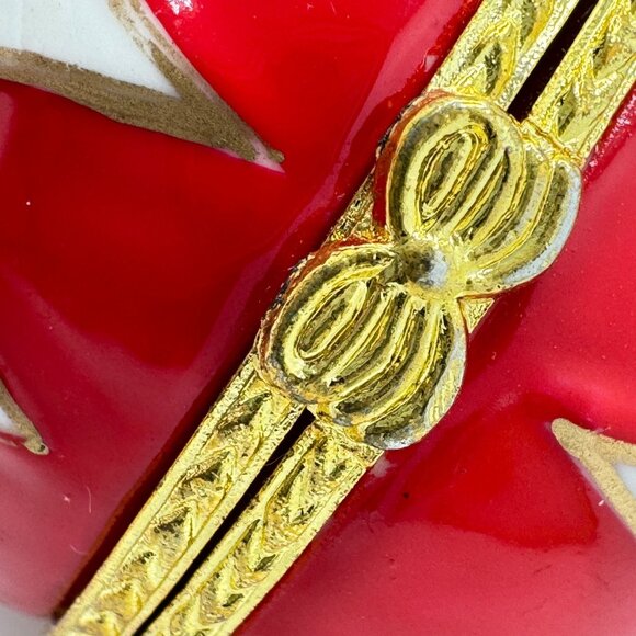 Red Gold Hinged Ornament Box White Accents 2" Diameter Decorative Christmas - Picture 2 of 6